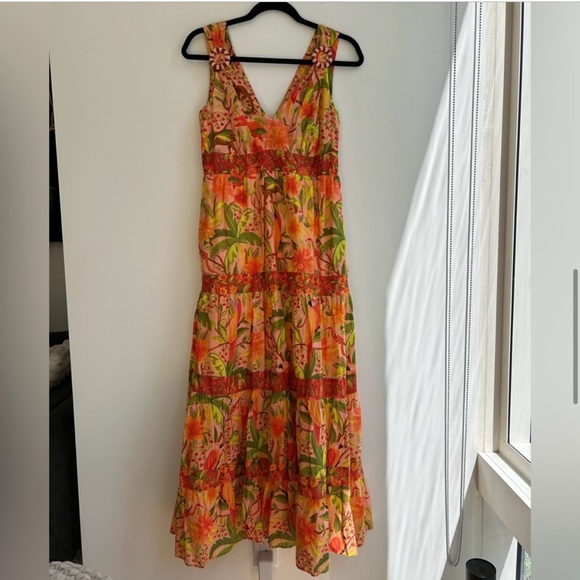 Anthropologie Farm Rio Tropical Tiered Maxi Dress Beaded V Neck Midi Size Small - Picture 3 of 5